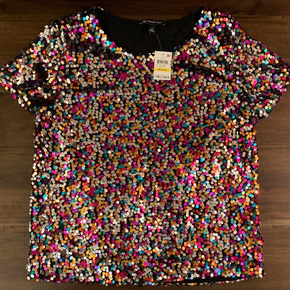 INC International Concepts Black Multicolor Sequin Top